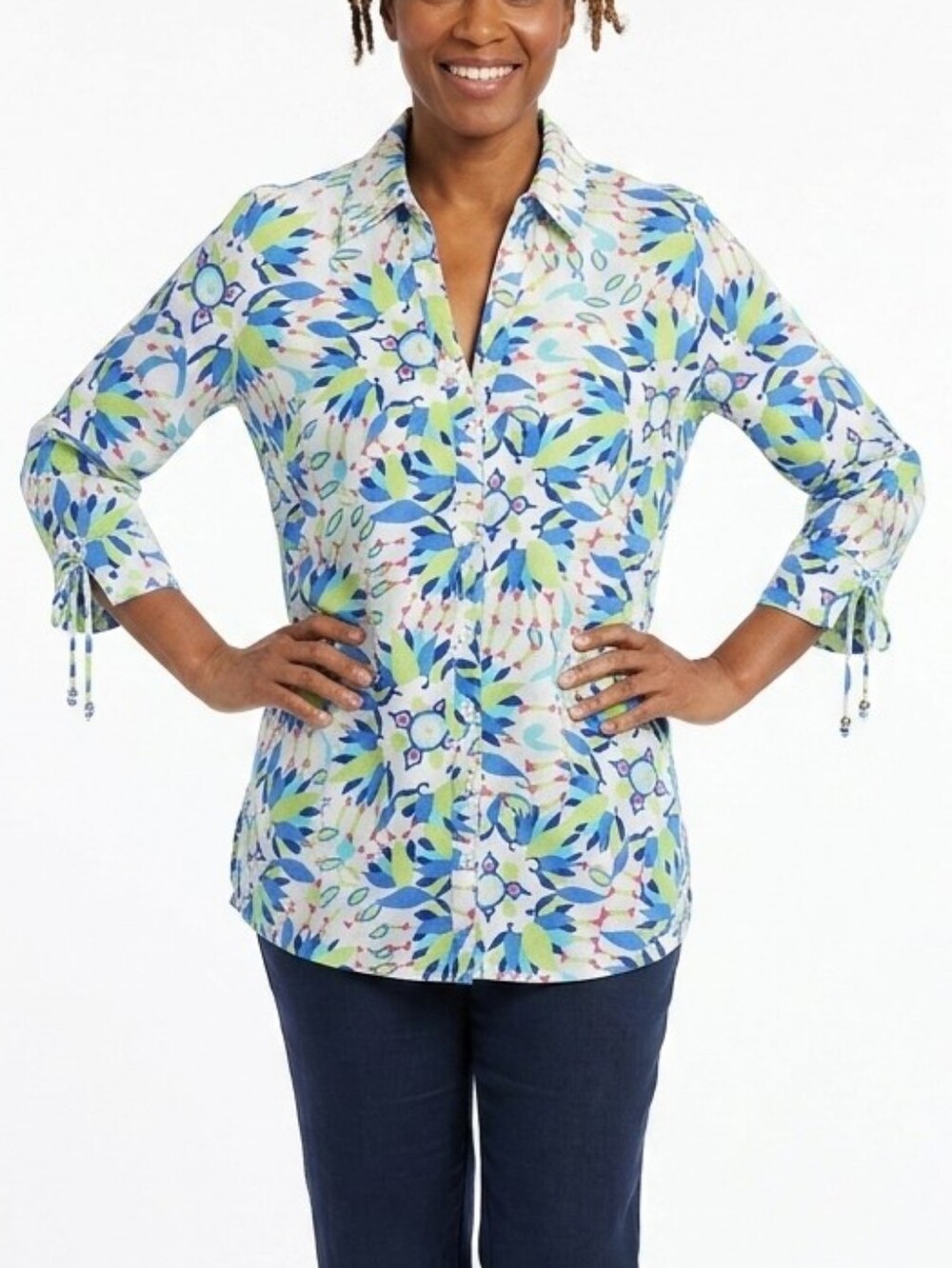 ​JM Collection 100% Linen Floral Tunic Blouse Women’s Size 14 3/4 Sleeve
